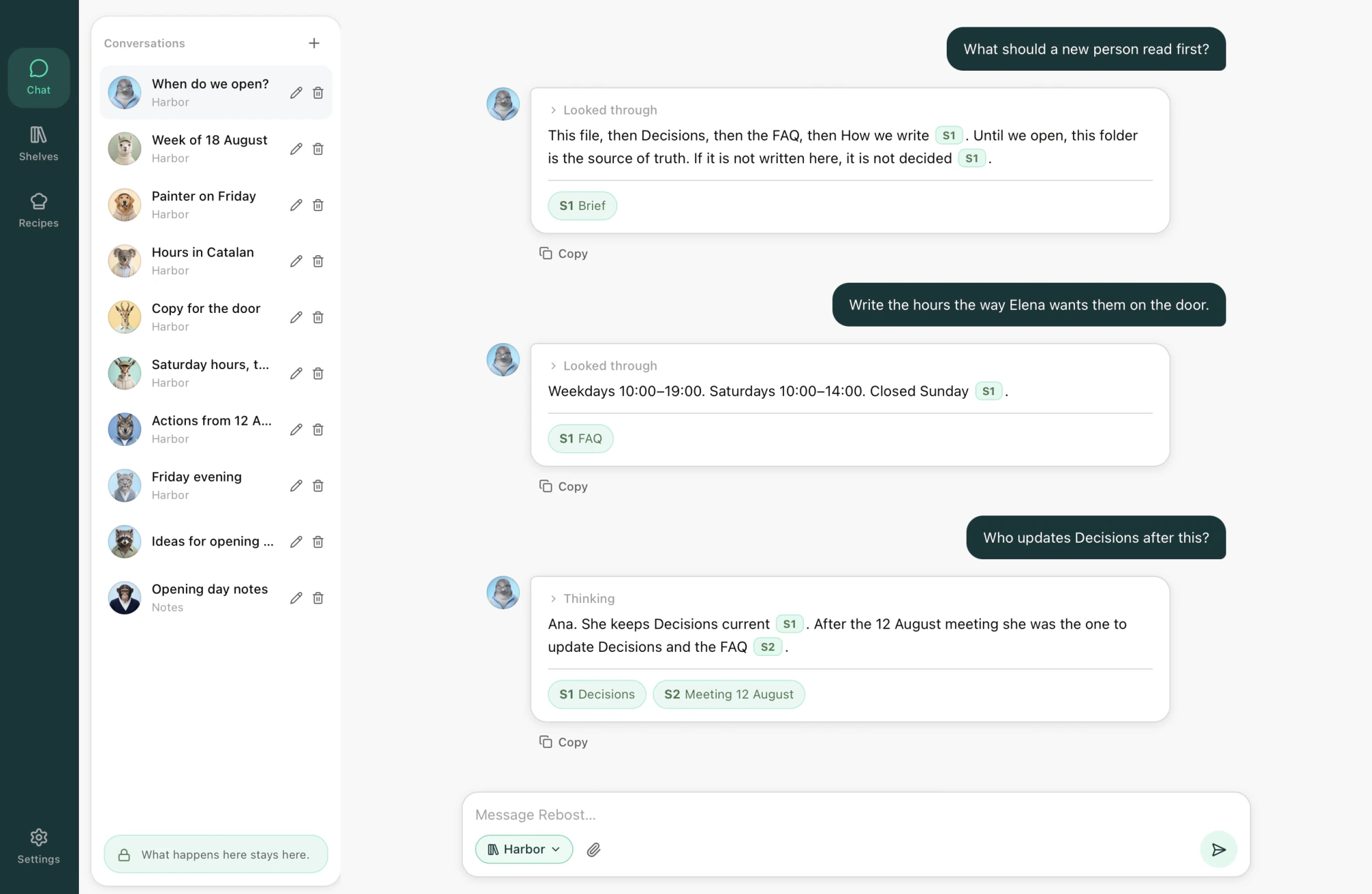 Rebost Chat: a Shelf chosen and an answer with citations.