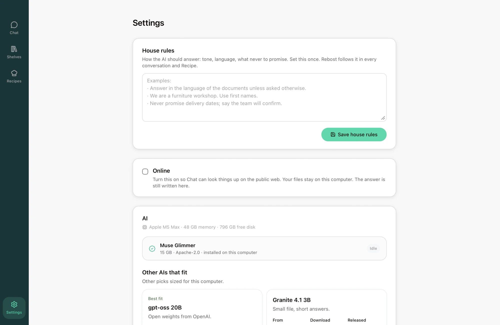 Rebost Settings: House rules and the installed AI.